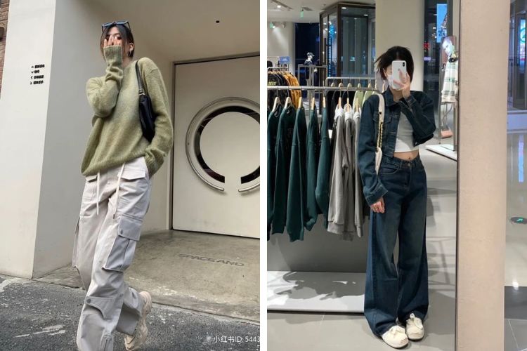 Tạo dáng giấu mặt với quần ống rộng