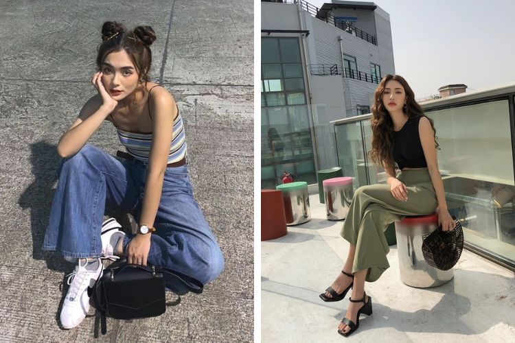 Tạo dáng tư thế ngồi với quần ống rộng