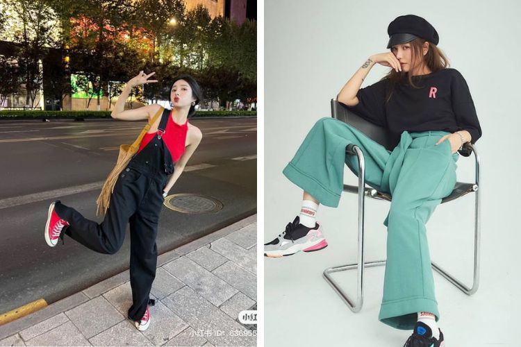 Tạo dáng nhấc cao một chân với quần ống rộng