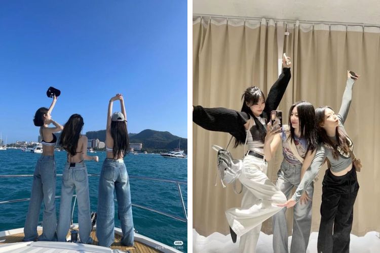 Tạo dáng cùng nhóm bạn với quần ống rộng