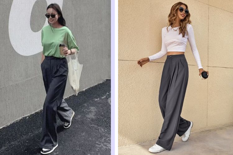 Tạo dáng vừa đi vừa chụp với quần ống rộng