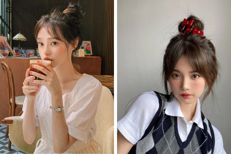 Búi củ tỏi với tóc mái bay