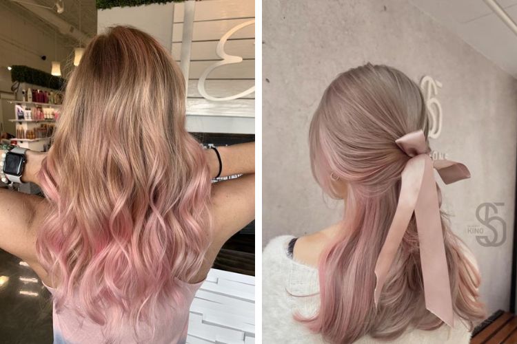 Tóc dài highlight màu hồng pastel