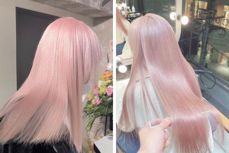 Tóc duỗi thẳng màu hồng pastel pha bạch kim
