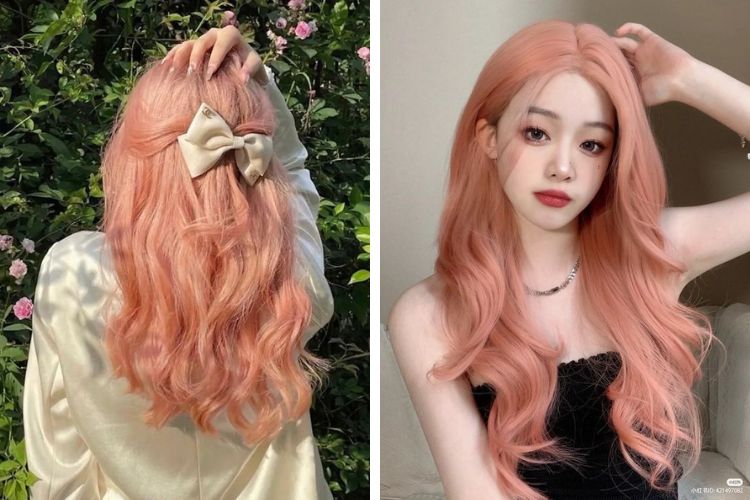 Tóc dài xoăn hồng pastel pha san hô