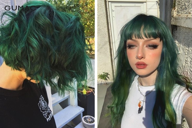 Nữ nhuộm tóc màu xanh rêu nhạt