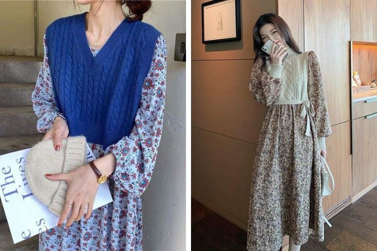 đầm hoa nhí mix áo gile len