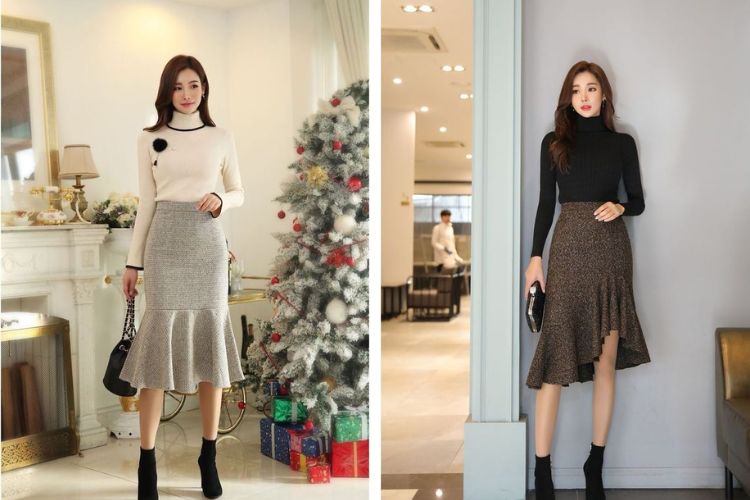 áo len vơi chân váy đuôi cá dài