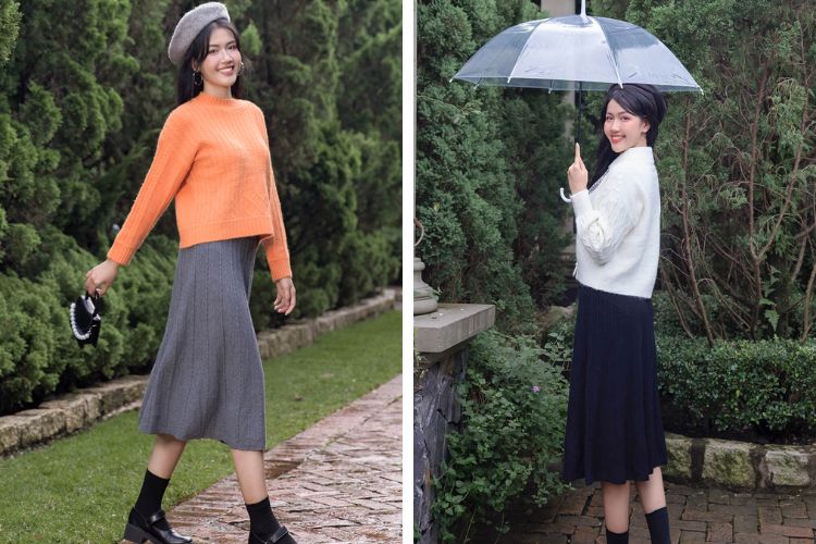 áo len kết hợp với chân váy len