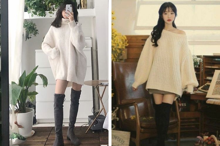 năng động với áo len với boot cổ cao