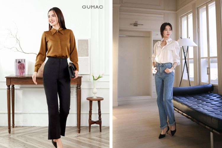 áo sơ mi với quần jean hoặc quần âu