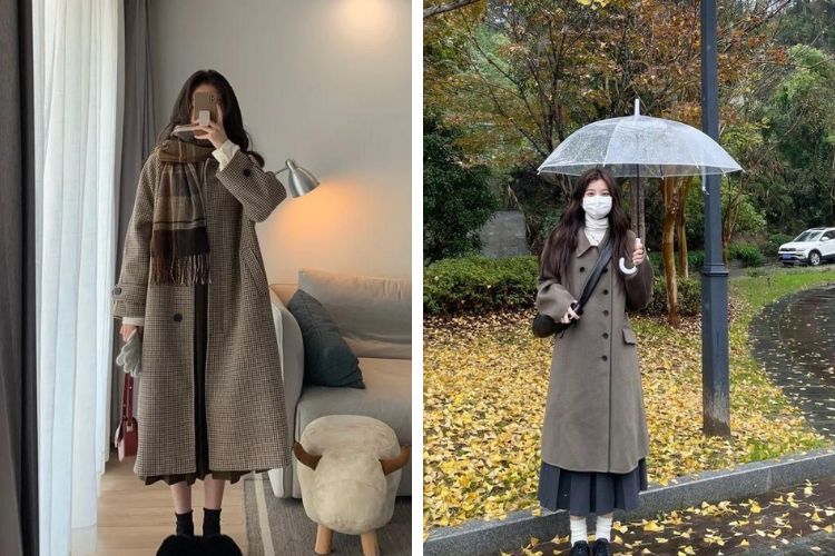 áo dạ mix với chân váy dài