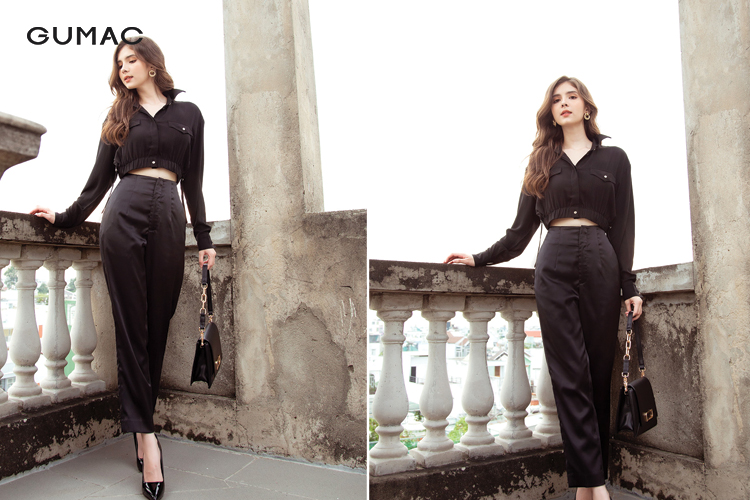 Áo croptop mix quần ống rộng