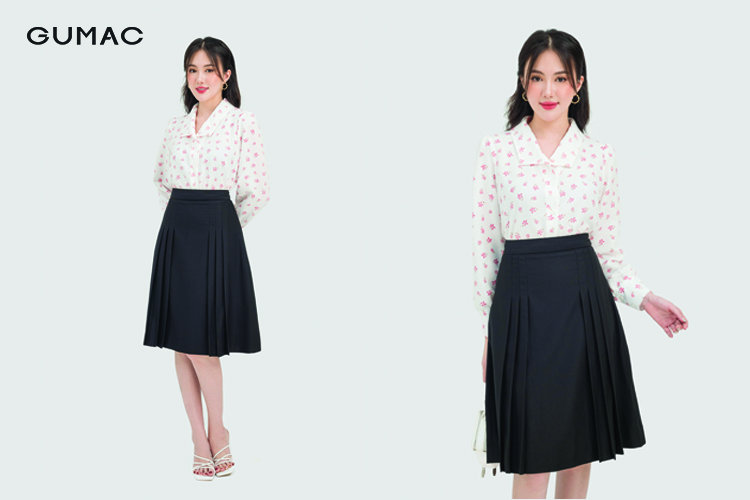 Phối chân váy xếp ly cùng áo sơ mi