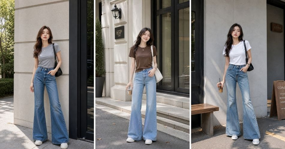 Quần jean ống loe kết hợp áo thun basic tạo hiệu ứng kéo dài chân cực kỳ hiệu quả khi chụp ảnh