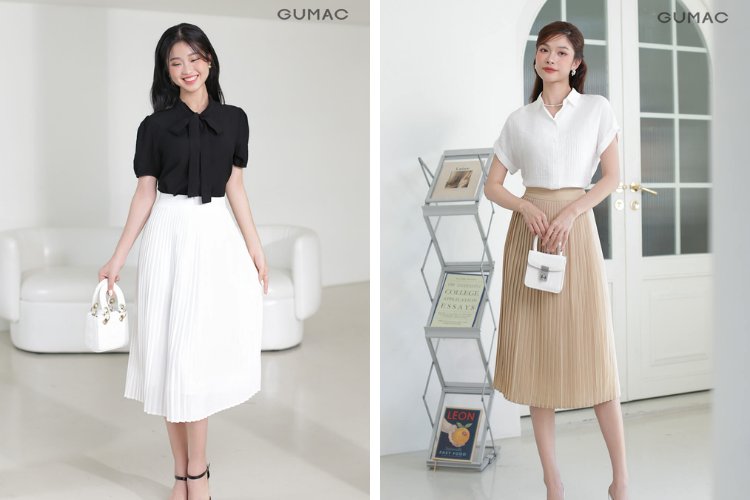 Gợi ý mix váy dập ly với áo cổ vuông đi Văn Miếu