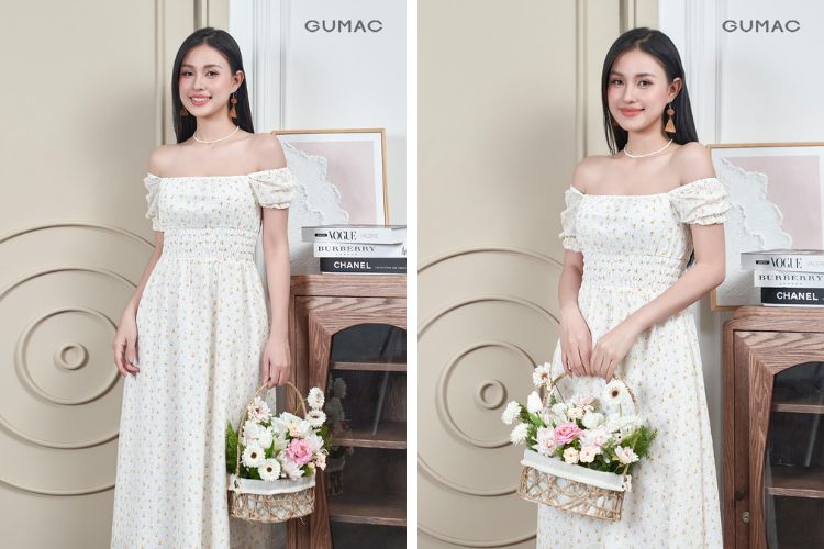 Đầm trắng trễ vai Đầm trắng trễ vai