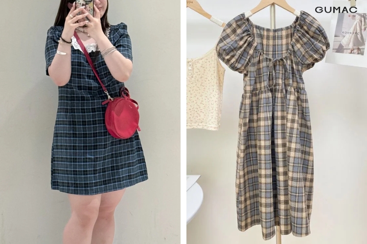 Đầm tay phồng phối caro dam tay phong phoi caro